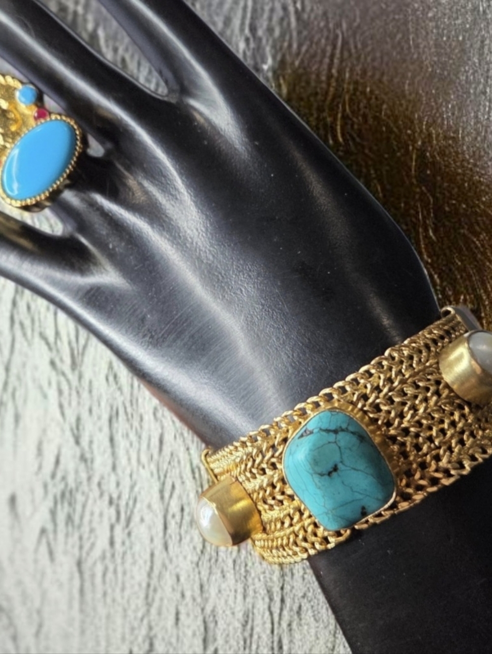 18k Matte Gold Plated Artisan Turquoise Freshwater Pearl Chunky Chain Bracelet - Picture 2 of 7
